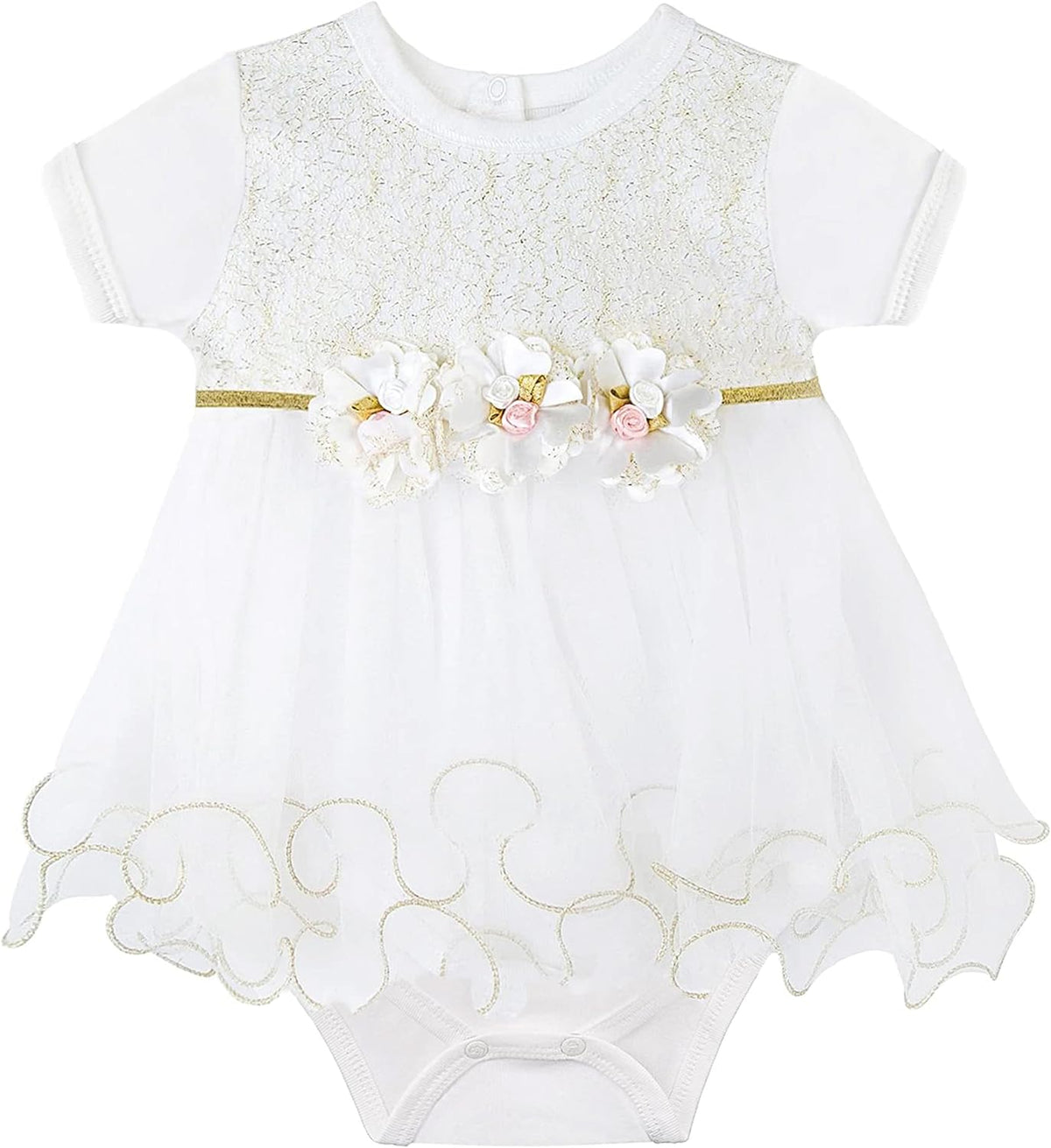 Newborn Baby Girl Gold Glitter Floral Short Sleeve Tutu Bodysuit