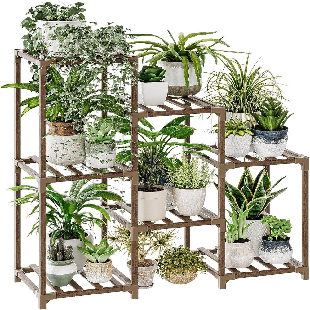 Outdoor Wood Tiered Plant Rack for Multiple Plants 3 Tiers Ladder Plant Holder for 7 Plant Pots