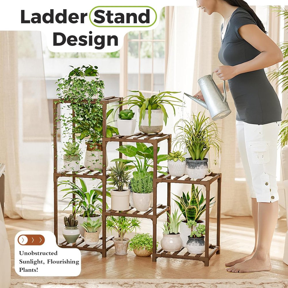 Outdoor Wood Tiered Plant Rack for Multiple Plants 3 Tiers Ladder Plant Holder for 7 Plant Pots